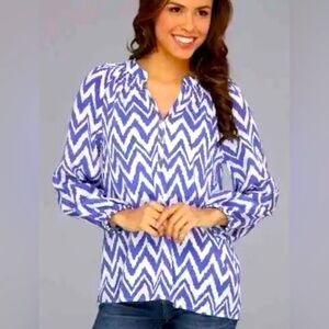 Lilly Pulitzer Women’s Silk Elsa Top Iris Blue and White Ikat Pattern Size XL